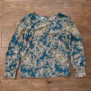 Talbots Blouse Size L Teal Green/Tan Paisley Print Long Sleeve